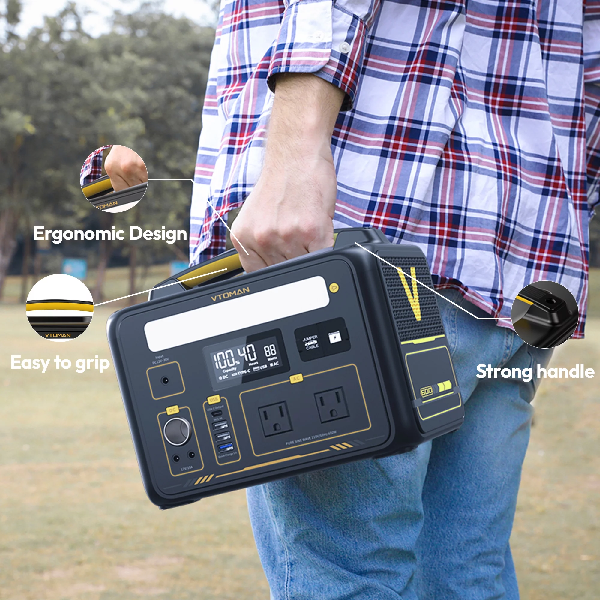 VTOMAN Jump 600X Portable Power Station 600W (1200W Peak), 299Wh LFP Solar Generator with 110V/600W AC Outlet, Jump Starter, 60W USB Port, 12V DC Output for Camping & Home Backup - Inhomebuy