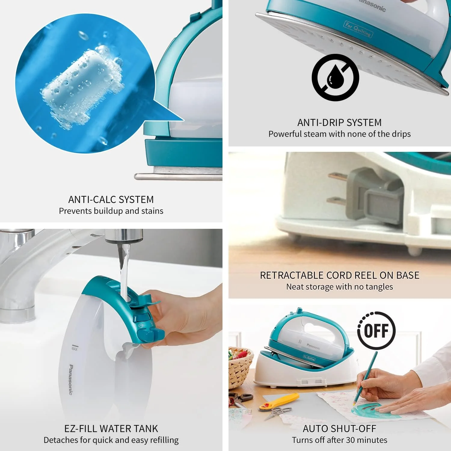 Panasonic Cordless Iron: 360-Quick, cordless, nickel-coated stainless steel soleplate, with vertical steam, 1500W, blue & white | NI-QL1000 - Inhomebuy