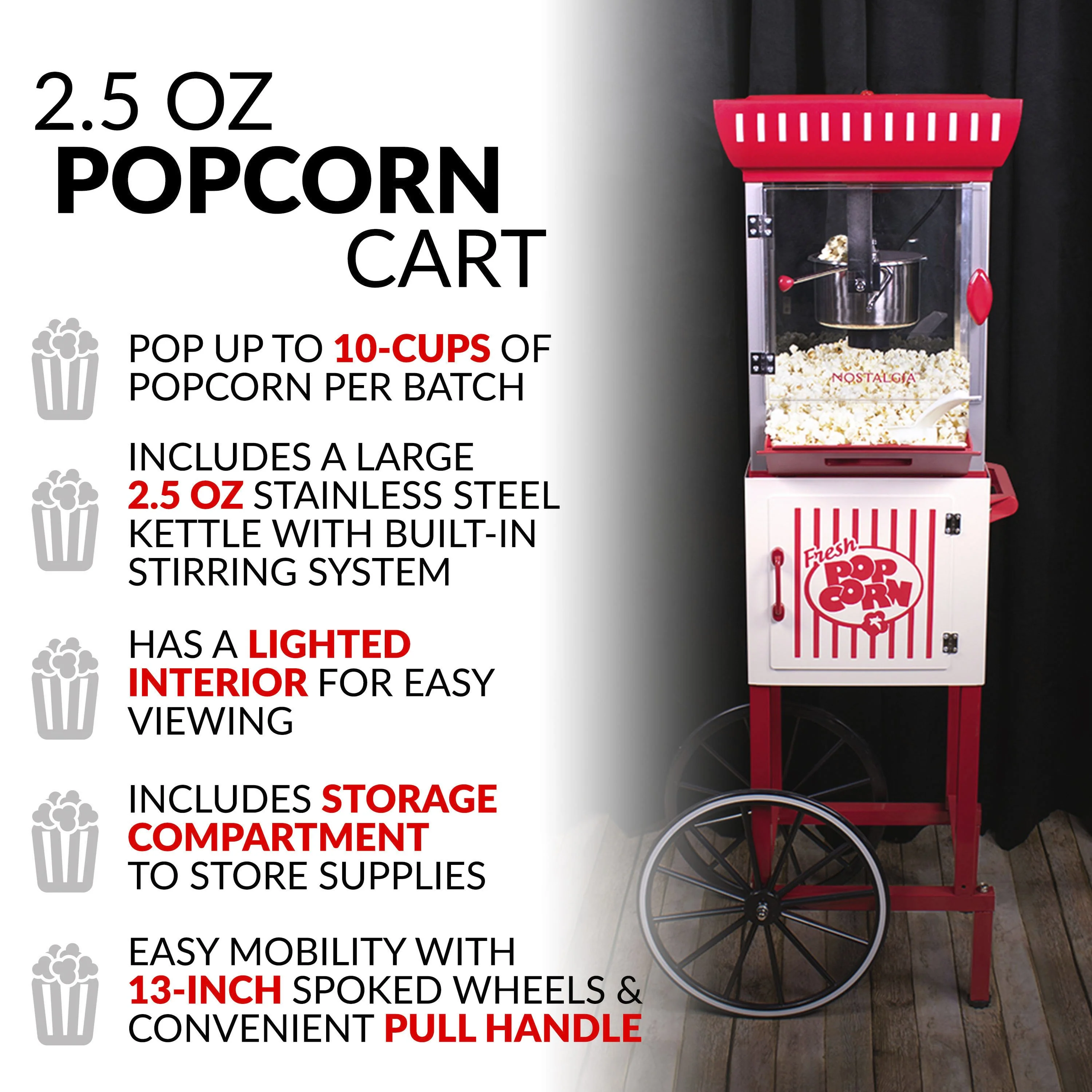 48-Inch 2.5-Oz. Popcorn Cart, Red/White - Inhomebuy