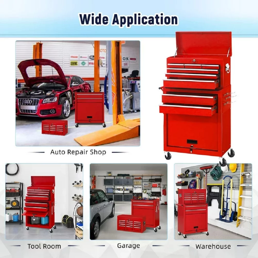 2-IN-1  Tool Chest & Cabinet, Large Capacity 8-Drawer Rolling Tool Box Organizer with Wheels Lockable, Red - Inhomebuy