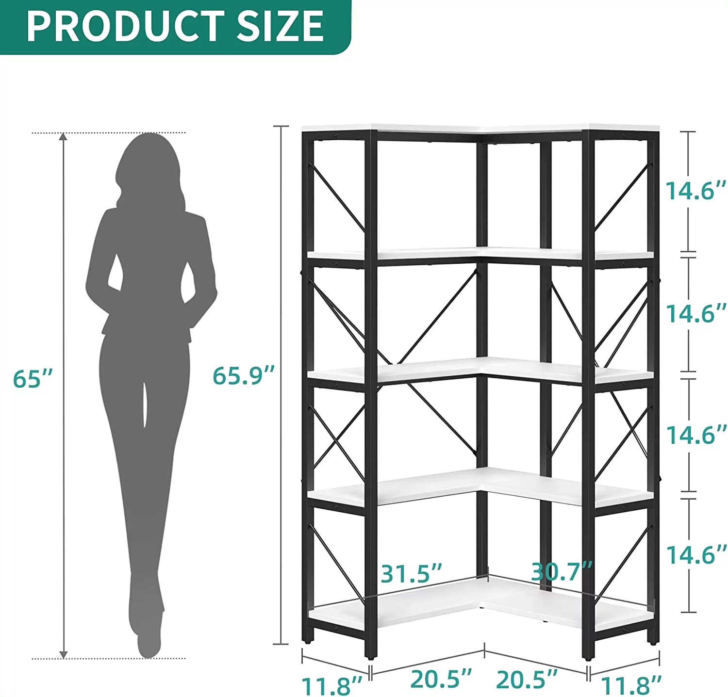 5-Tier L-Shaped Bookcase Storage Organizer, Tall Corner Bookshelf Open Display Freestanding Storage,Dark Gray - Inhomebuy