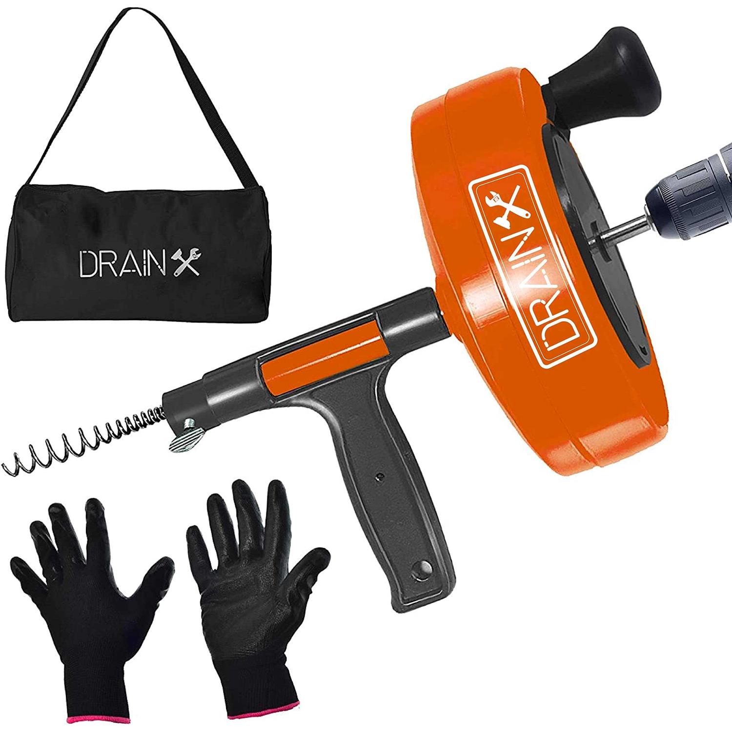 Drainx Heavy-Duty-Steel Pro Drum Drain Auger, 25 Ft., with Work Gloves and Carrying Pouch - Inhomebuy