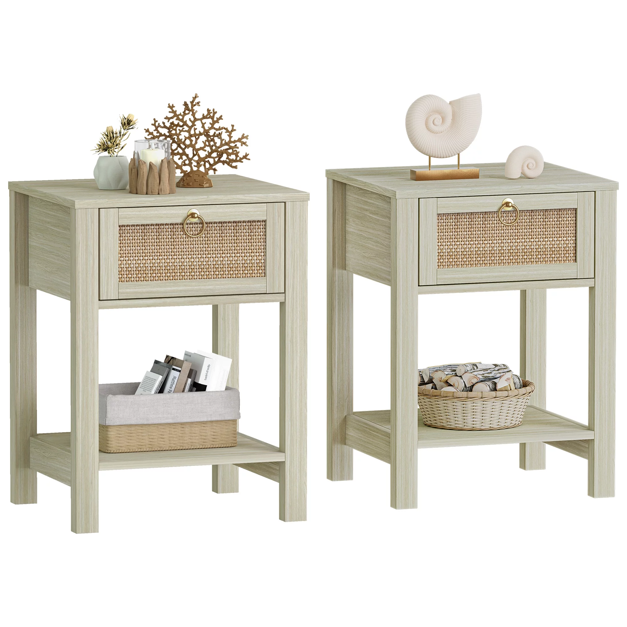 Surmoby White Nightstand Set of 2,Boho Bedside Tables with Rattan Decor Drawer and Open Storage Shelf,Side Table End Tables for Bedroom or Living Room - Inhomebuy