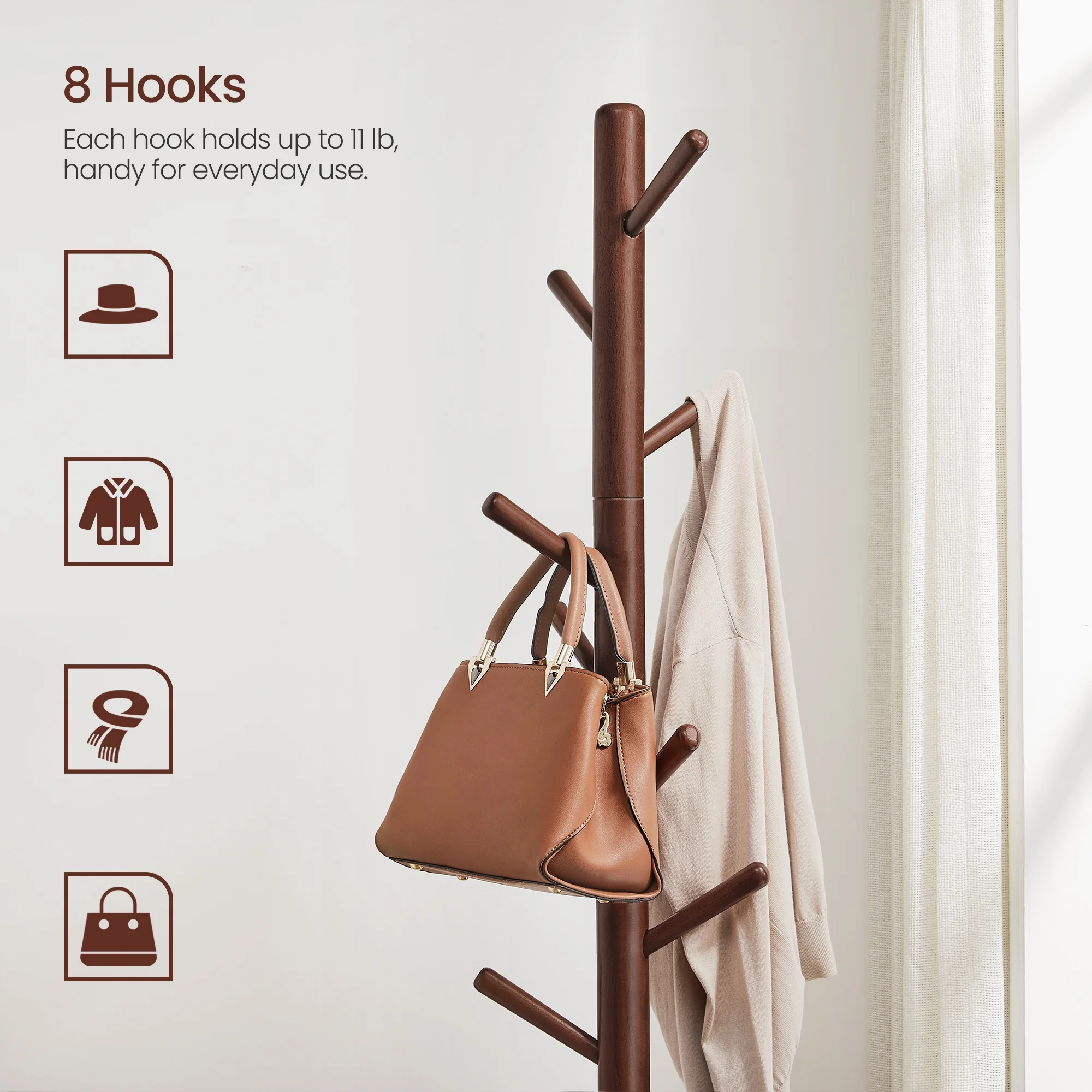 VASAGLE 8 Hooks Coat Rack Solid Wood Free Standing Coat Rack with Tree-Shaped Coat Rack 3 Height Options for Clothes Hats Bags for Living Room Bedroom Home Office Dark Walnut - Inhomebuy