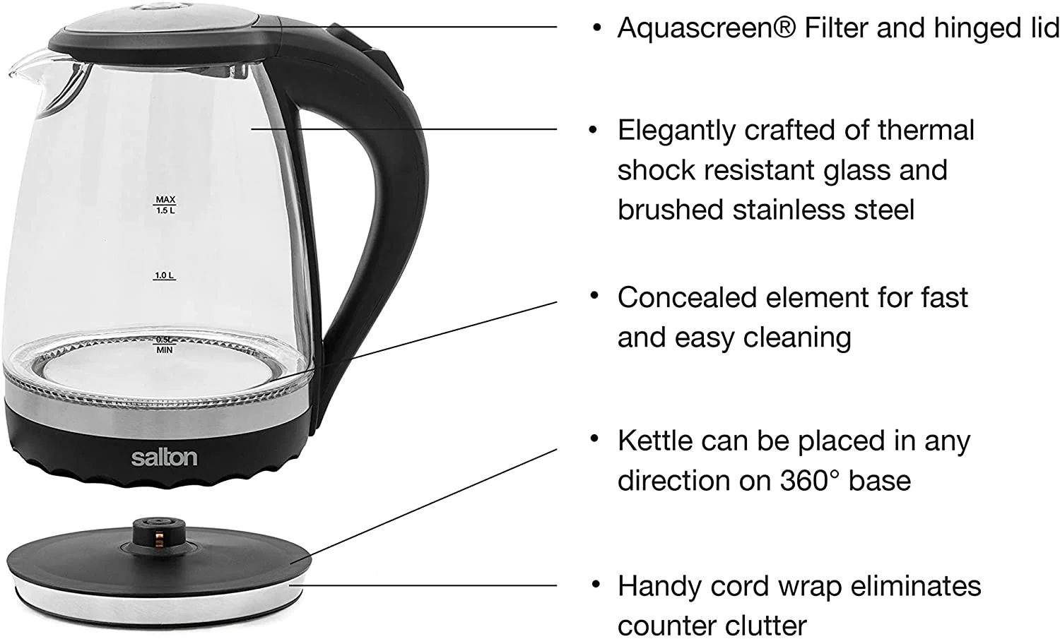 Salton cordless Kettle: 1.5L, 1100W, glass body w/black trim | GK-1831 - Inhomebuy