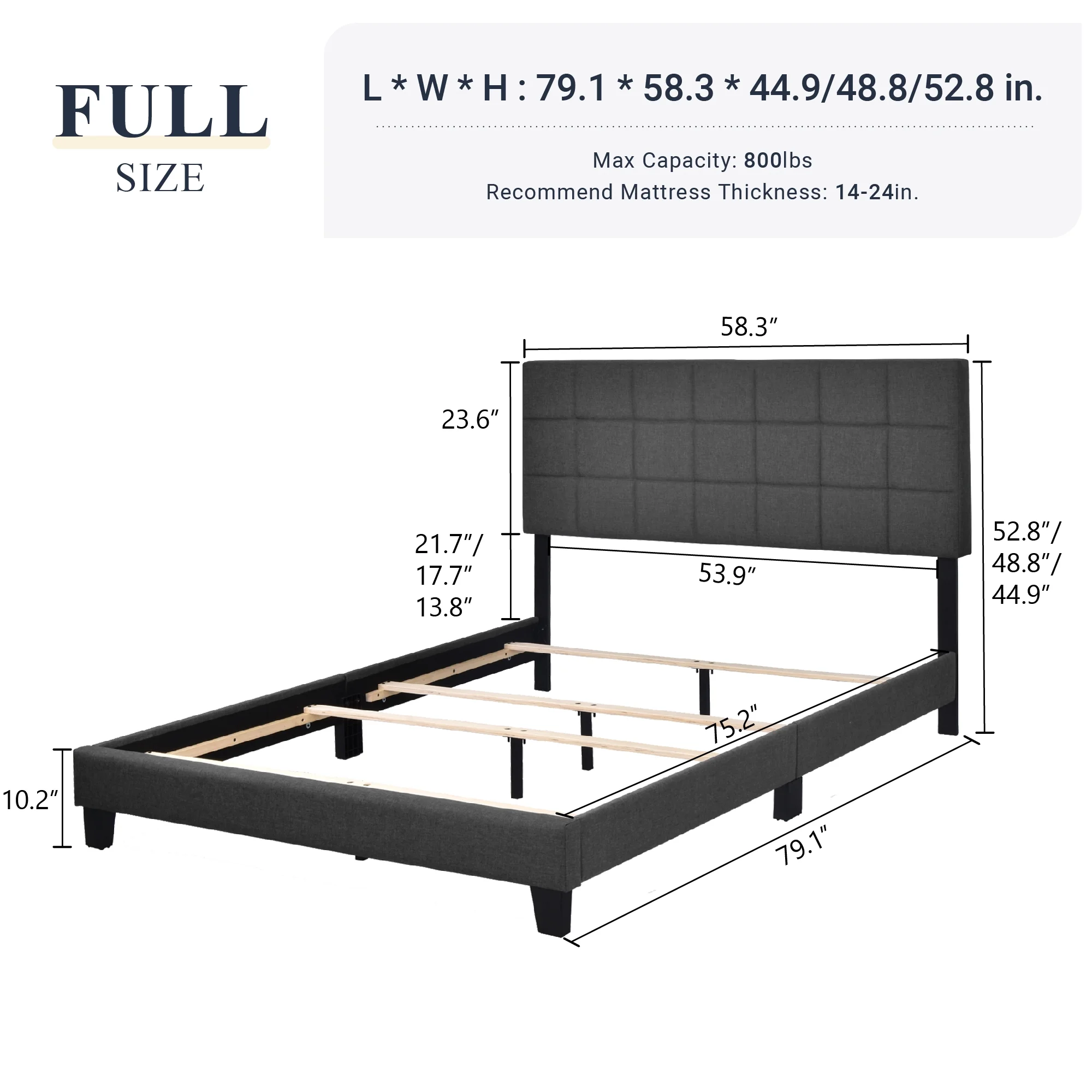 Allewie Queen Size Panel Platform Bed Frame with Adjustable High Upholstered Headboard, Grey - Inhomebuy