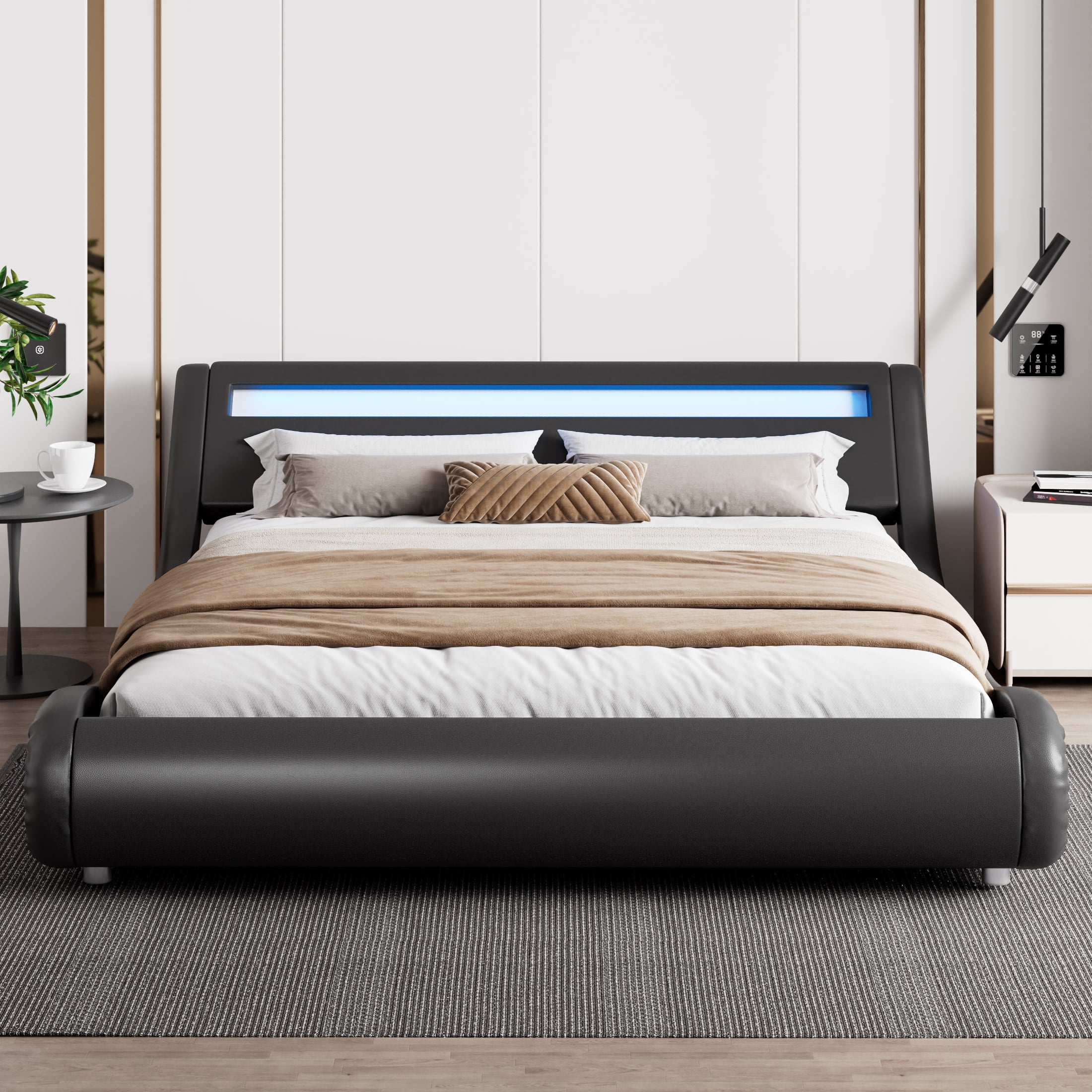 Amolife Queen Size Wave-Like Curve Deluxe Upholstered Modern Bed Frame with LED Headboard, Black - Inhomebuy