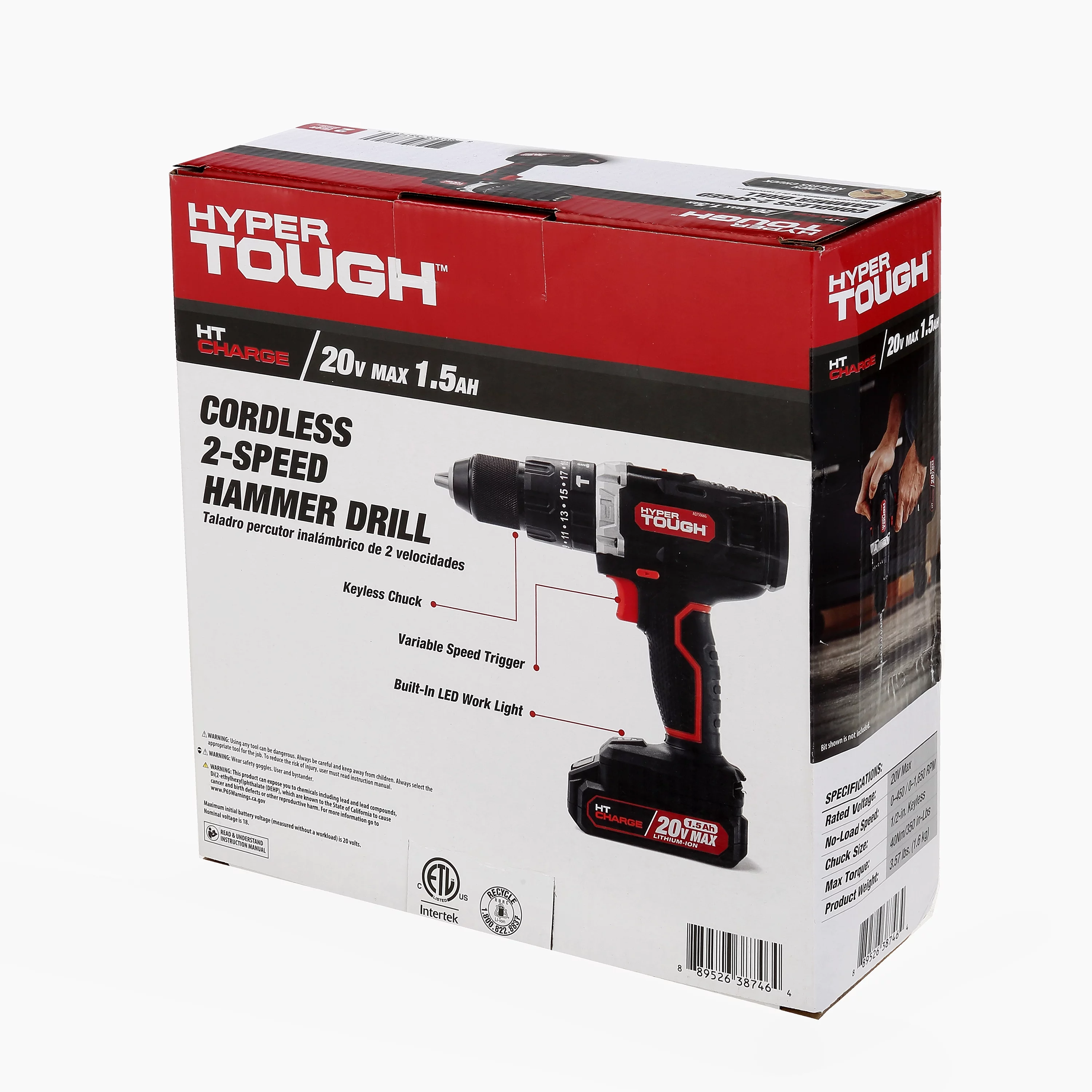 Hyper Tough 20V Max Lithium-Ion Cordless Hammer Drill, 1/2 inch Chuck, 2 Speeds with 1.5Ah Lithium-ion Battery & Charger, Bit Holder & LED Light - Inhomebuy