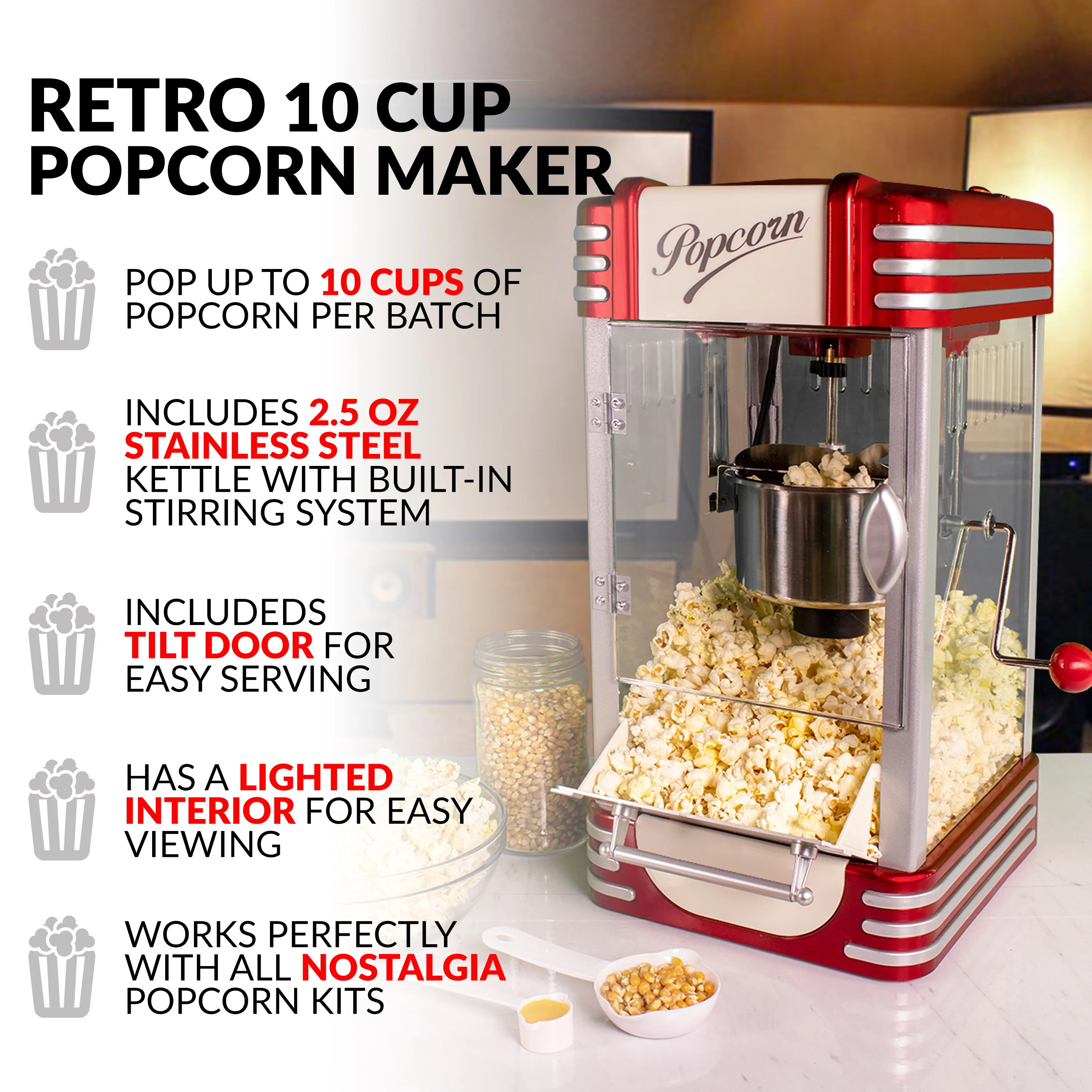 Retro 10 Cup Table-Top Popcorn Maker, Retro Red - Inhomebuy