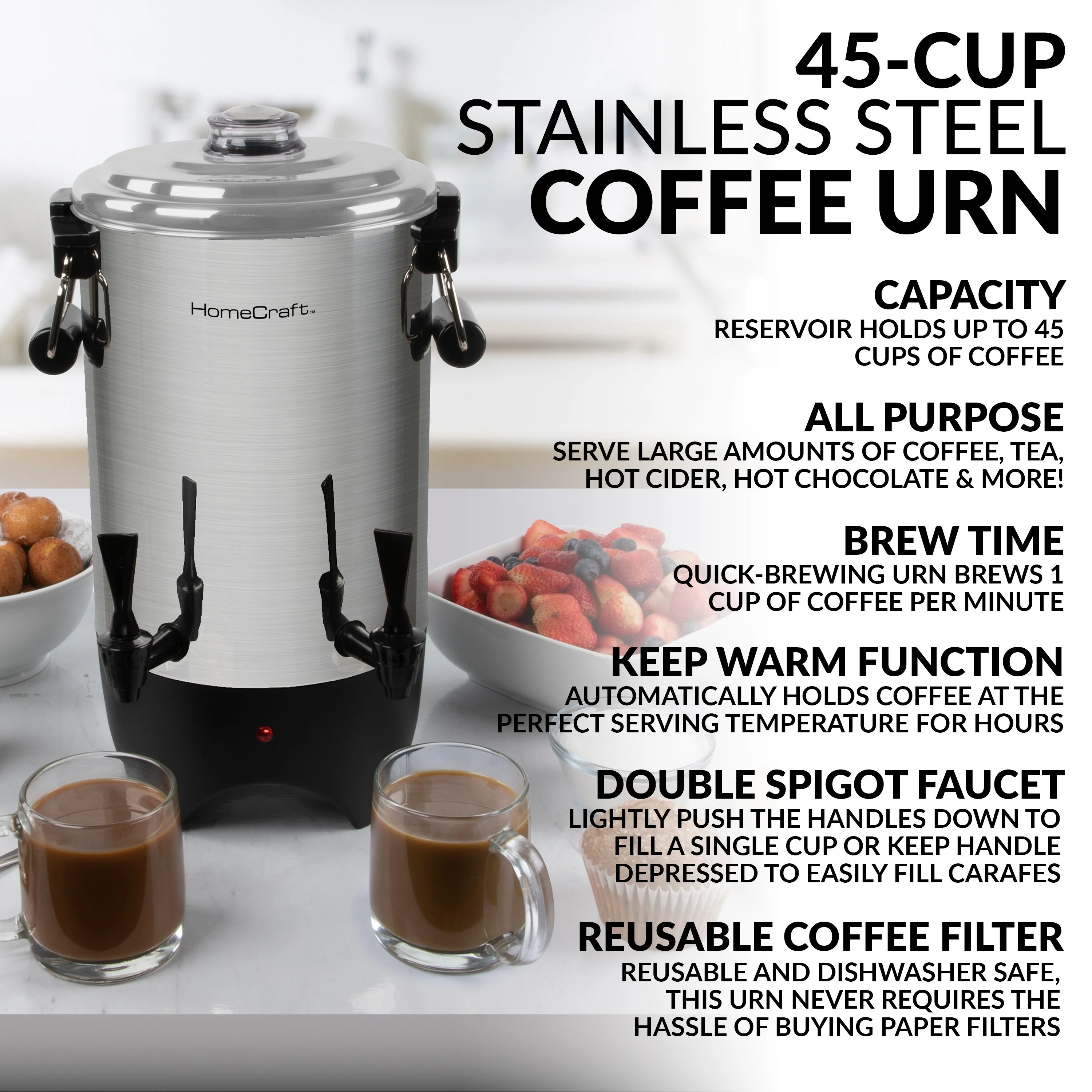 HomeCraft�?Quick-Brewing 1000-Watt Automatic 45-Cup Coffee Urn, Stainless Steel - Inhomebuy