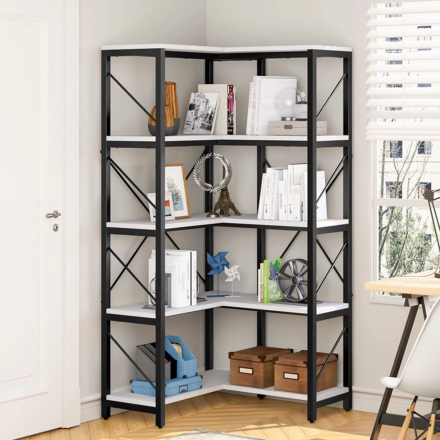 5-Tier L-Shaped Bookcase Storage Organizer, Tall Corner Bookshelf Open Display Freestanding Storage,Dark Gray - Inhomebuy