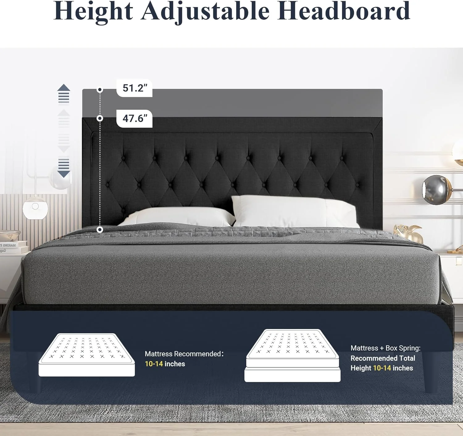 Allewie Queen Size Bed Frame Upholstered Platform Bed with Adjustable Headboard, Box Spring not Needed, Dark Grey - Inhomebuy