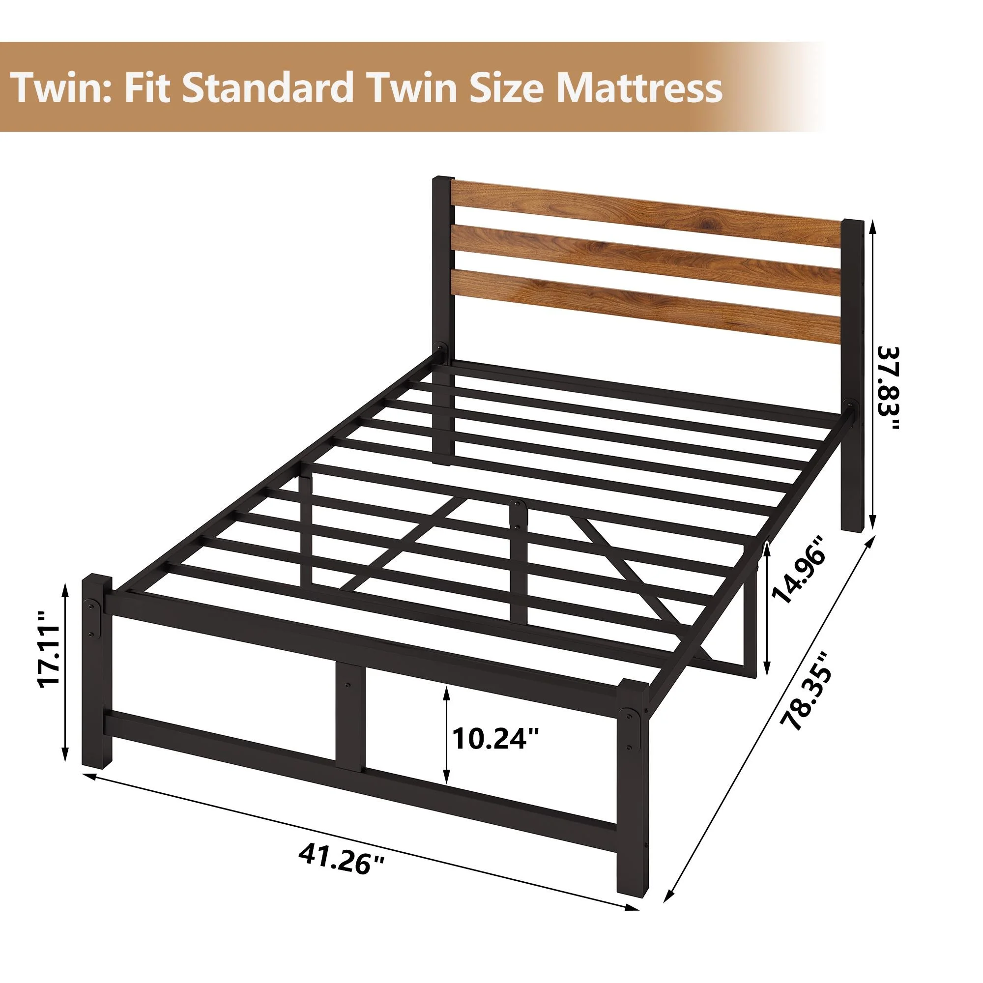 uhomepro Queen Platform Bed Frame with Headboard, Rustic Brown and Black Metal Platform Bed Frame with Heavy Duty Metal Slats, No Box Spring Needed - Inhomebuy