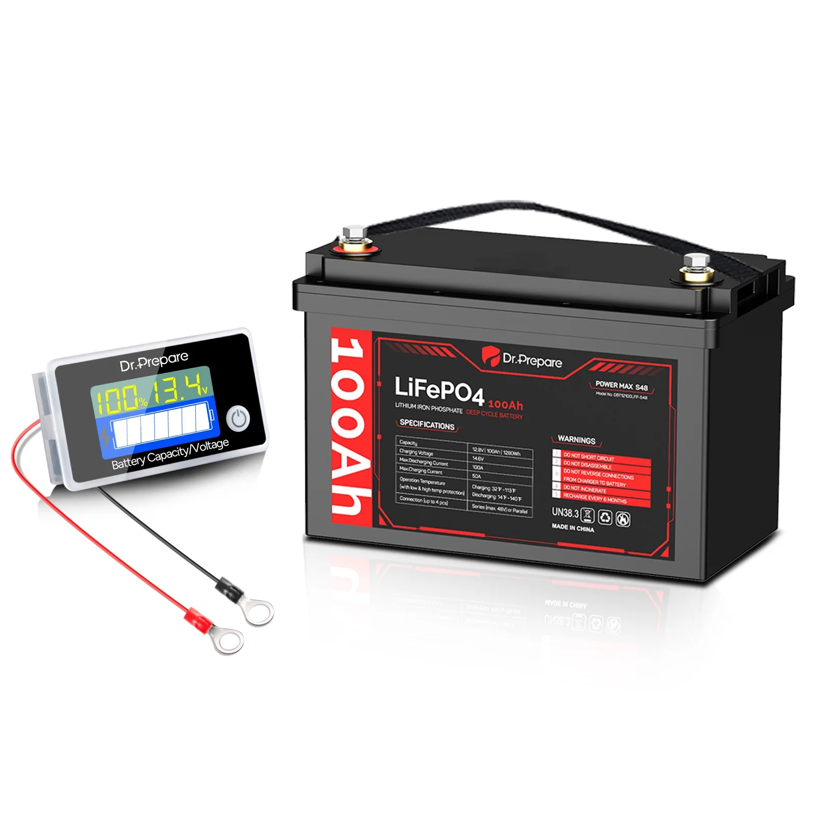 Dr. Prepare 100Ah LiFePO4 Lithium Deep Cycle Battery w/Battery Capacity Voltage Monitor for RV/Boat/Off-grid Cabin - Inhomebuy