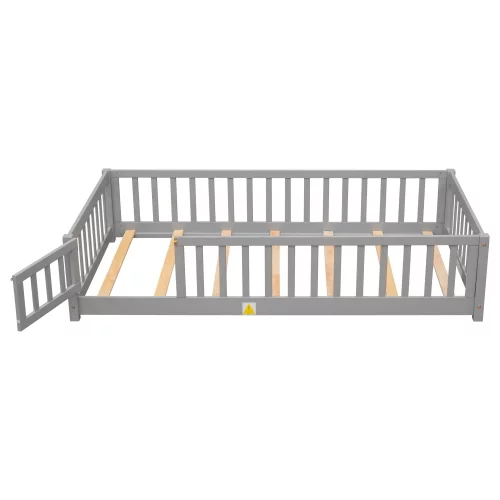 Twin Floor Bed Frame for Toddler, Montessori Floor Bed with Fence and Wood Slats, Low Wood Platform Beds for Girls Boys Kids Happy Time, White - Inhomebuy