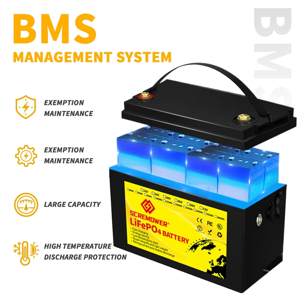 SCREMOWER LiFePO4 12V 100AH Lithium Iron Battery Built-in 100A BMS for RV, Kids Ride on Car,Golf Cart - Inhomebuy