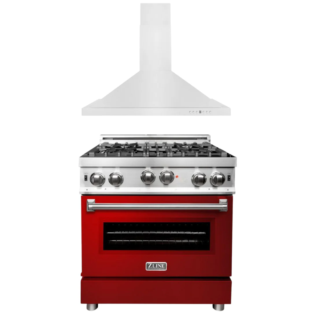 ZLINE 30 in. Gas Range with Red Gloss Door & 30 in. Range Hood Appliance Package, 2KP-RGRGRH30 - Inhomebuy