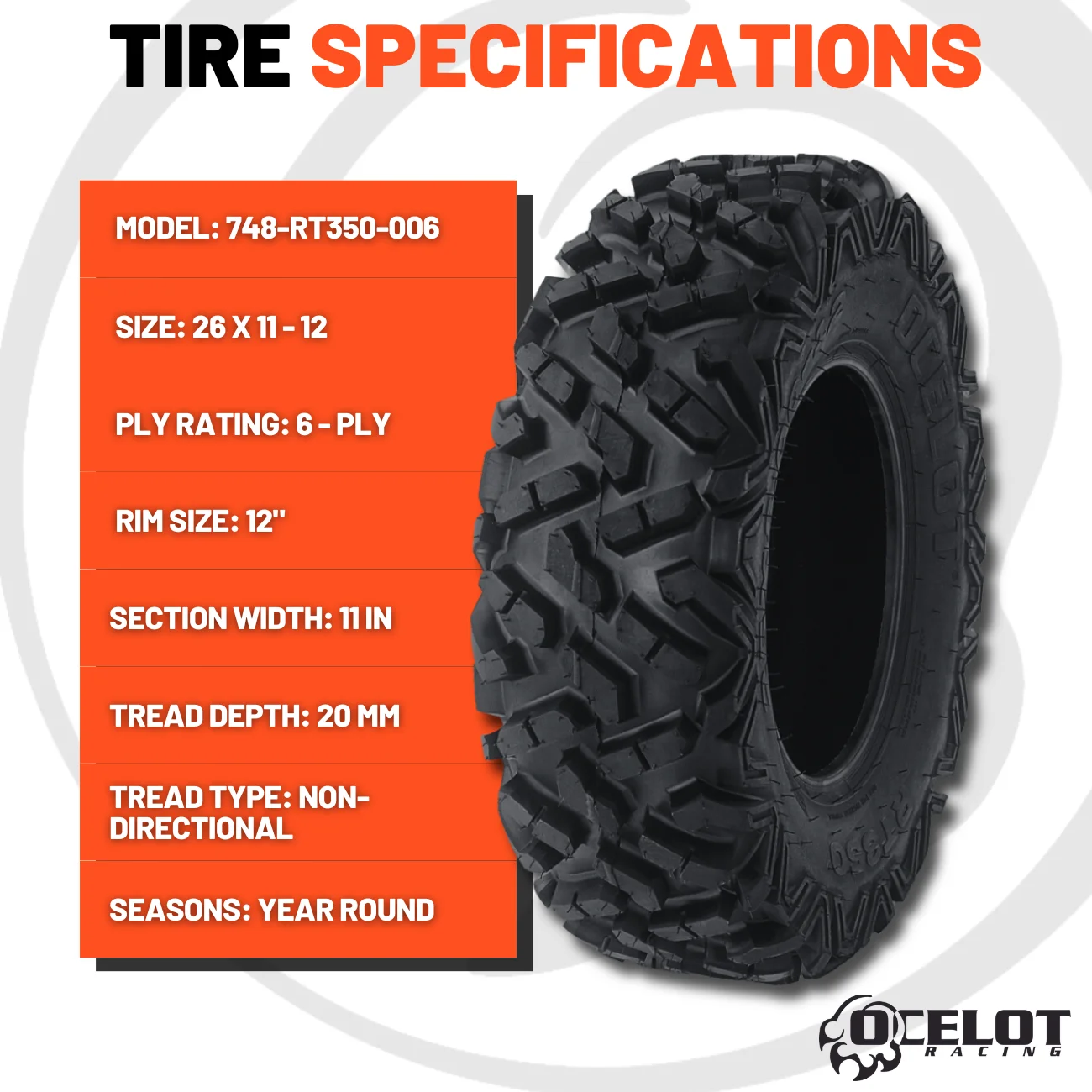 26 x 11 - 12 Ocelot RT350 ATV/UTV Tire - Inhomebuy