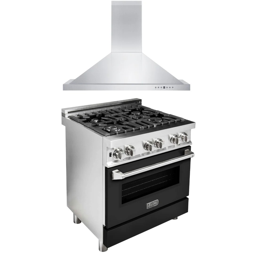 ZLINE 30 in. Dual Fuel Range with Black Matte Door & 30 in. Range Hood Appliance Package, 2KP-RABLMRH30 - Inhomebuy