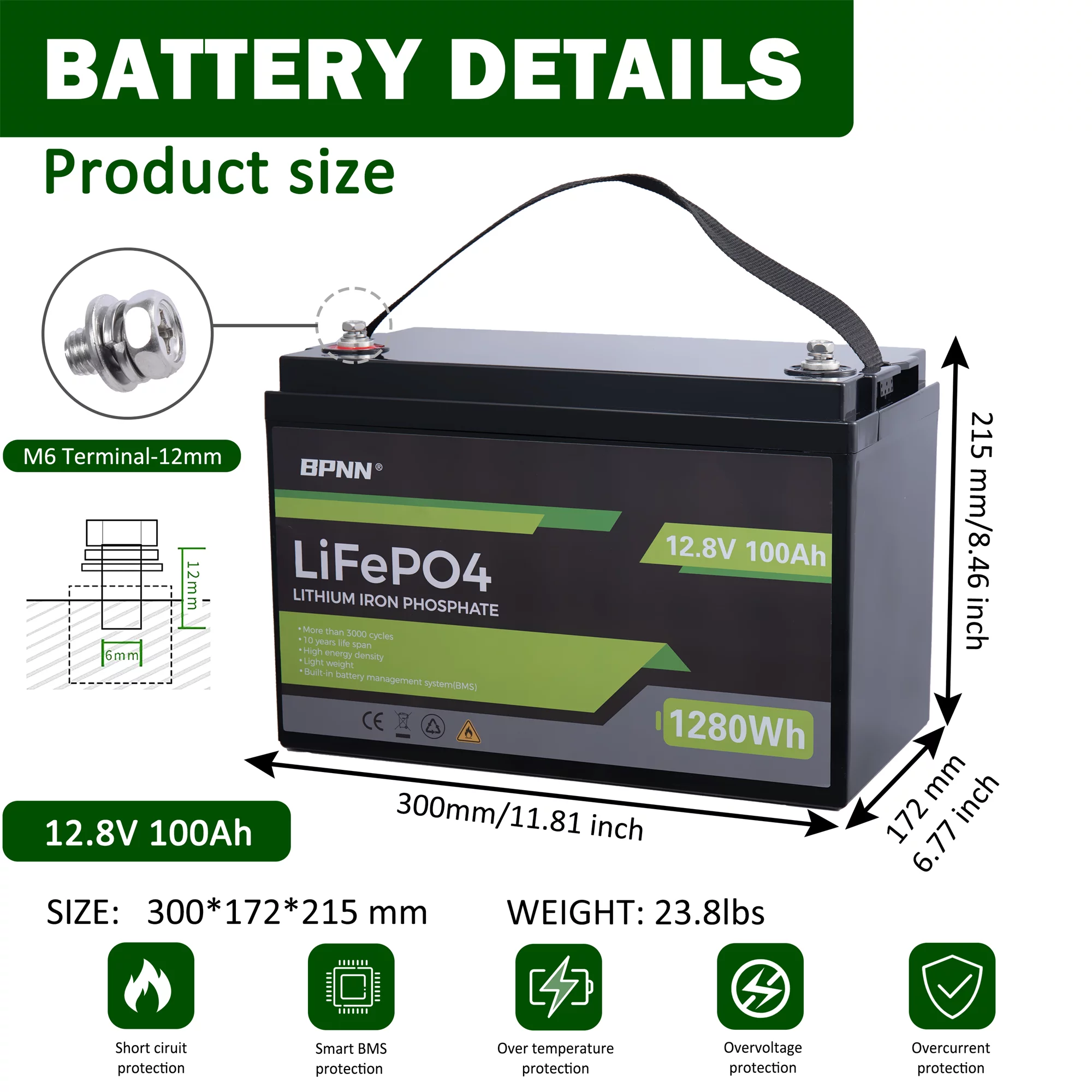 BPNN 12V 100Ah LiFePO4 Battery Long Cycles 12V Lithium Battery for RV Home Backup - Inhomebuy