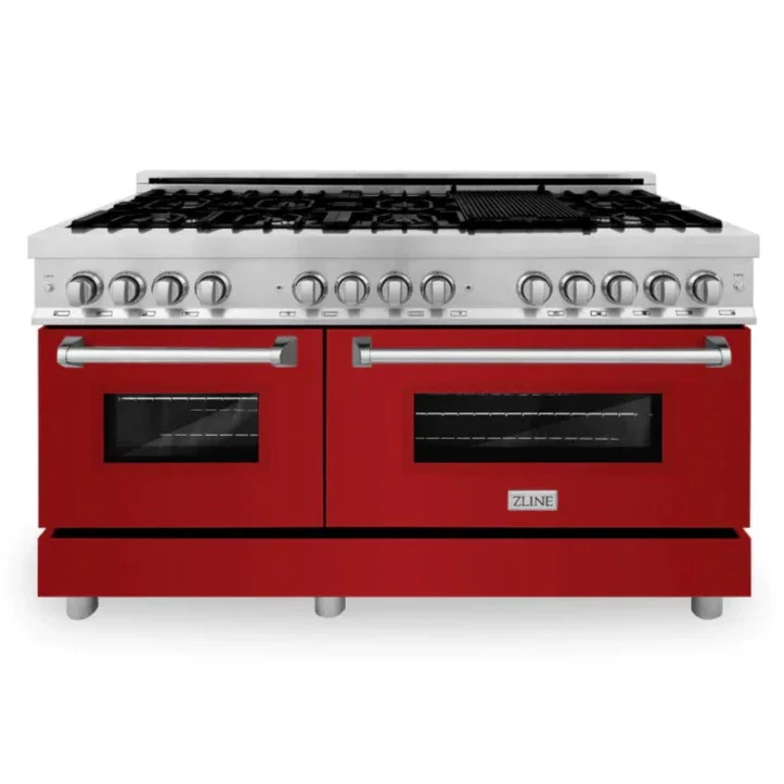 ZLINE 60 In. Professional Dual Fuel Range in DuraSnow®Stainless Steel with Red Gloss Door, RAS-RG-60 - Inhomebuy