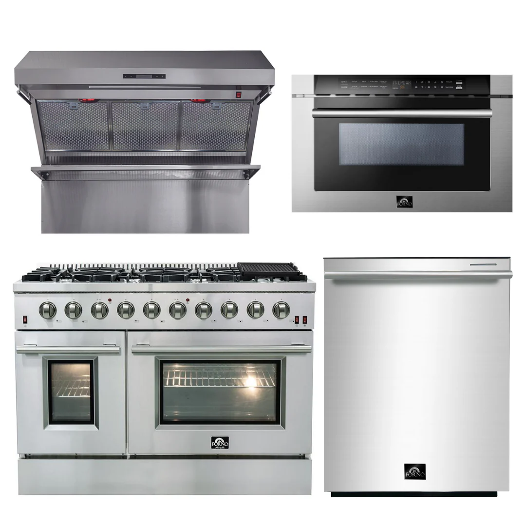 Forno Appliance Package - 48 Inch Gas Range, Wall Mount Range Hood, Microwave Drawer, Dishwasher, AP-FFSGS6244-48-6 - Inhomebuy
