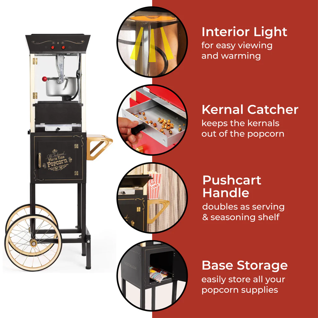 Vintage Professional Popcorn Cart - NEW 8-Ounce Kettle - 53 Inches Tall - Black - Inhomebuy