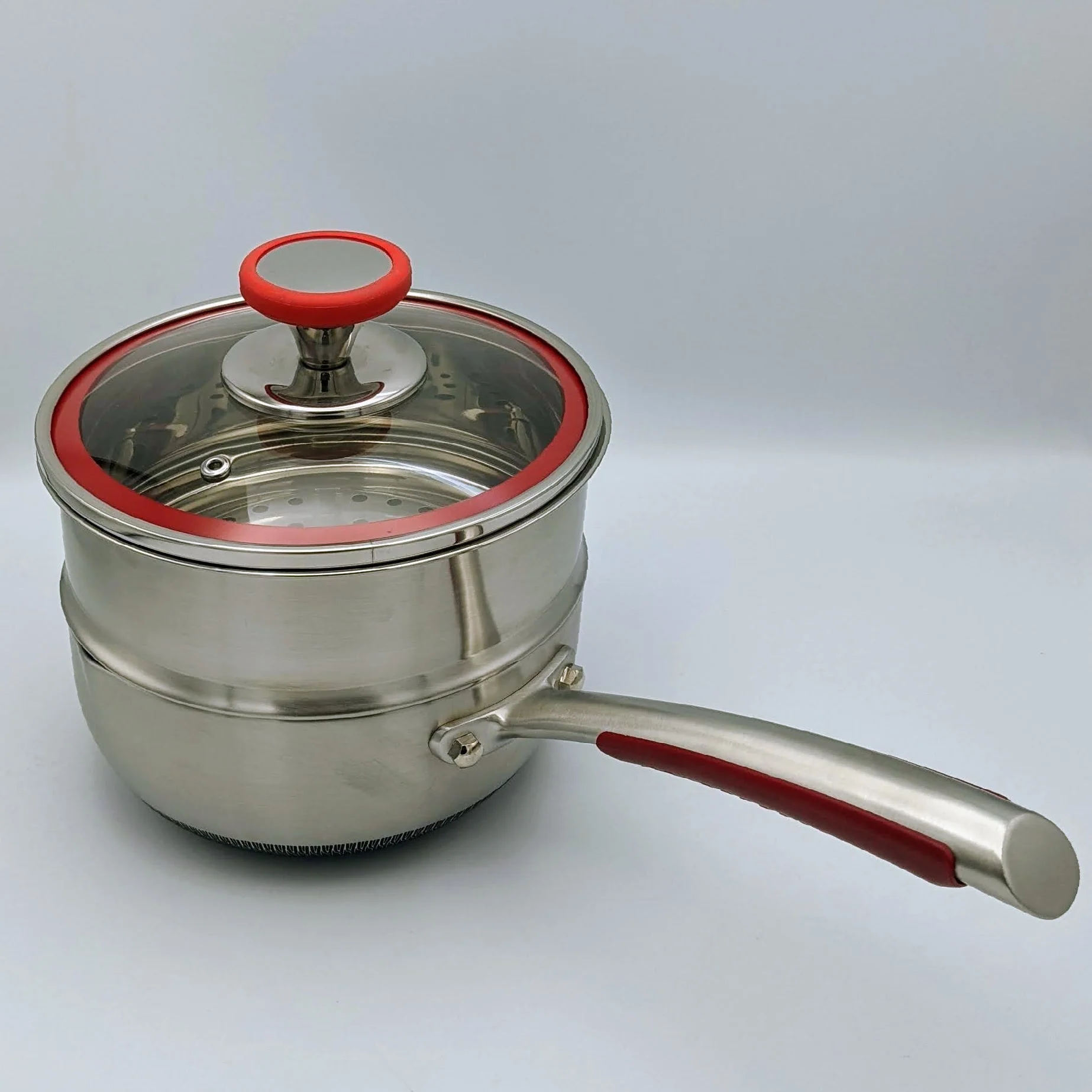SUS Hybrid Sauce Pan: 18cm with s/s Steamer and glass lid | BC-HW18SPG+S - Inhomebuy