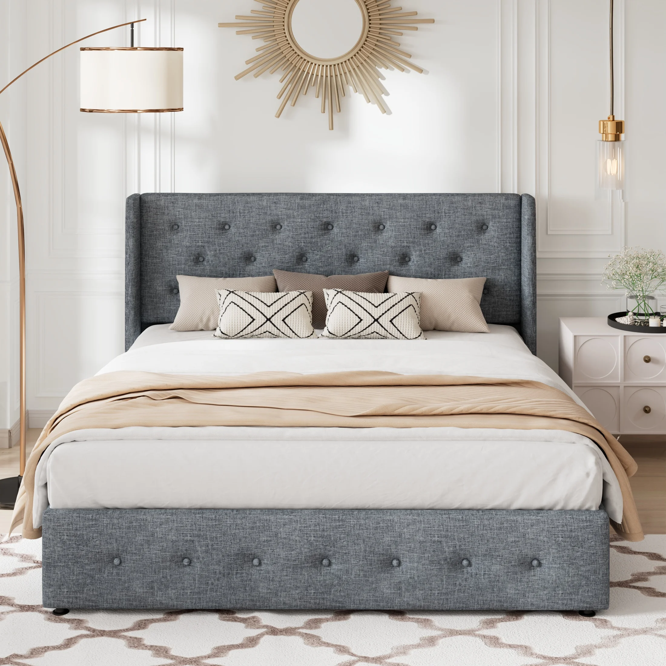 Allewie Queen Size Lift Up Platform Storage Bed Frame with Pannel Wingback Headboard, Light Beige - Inhomebuy