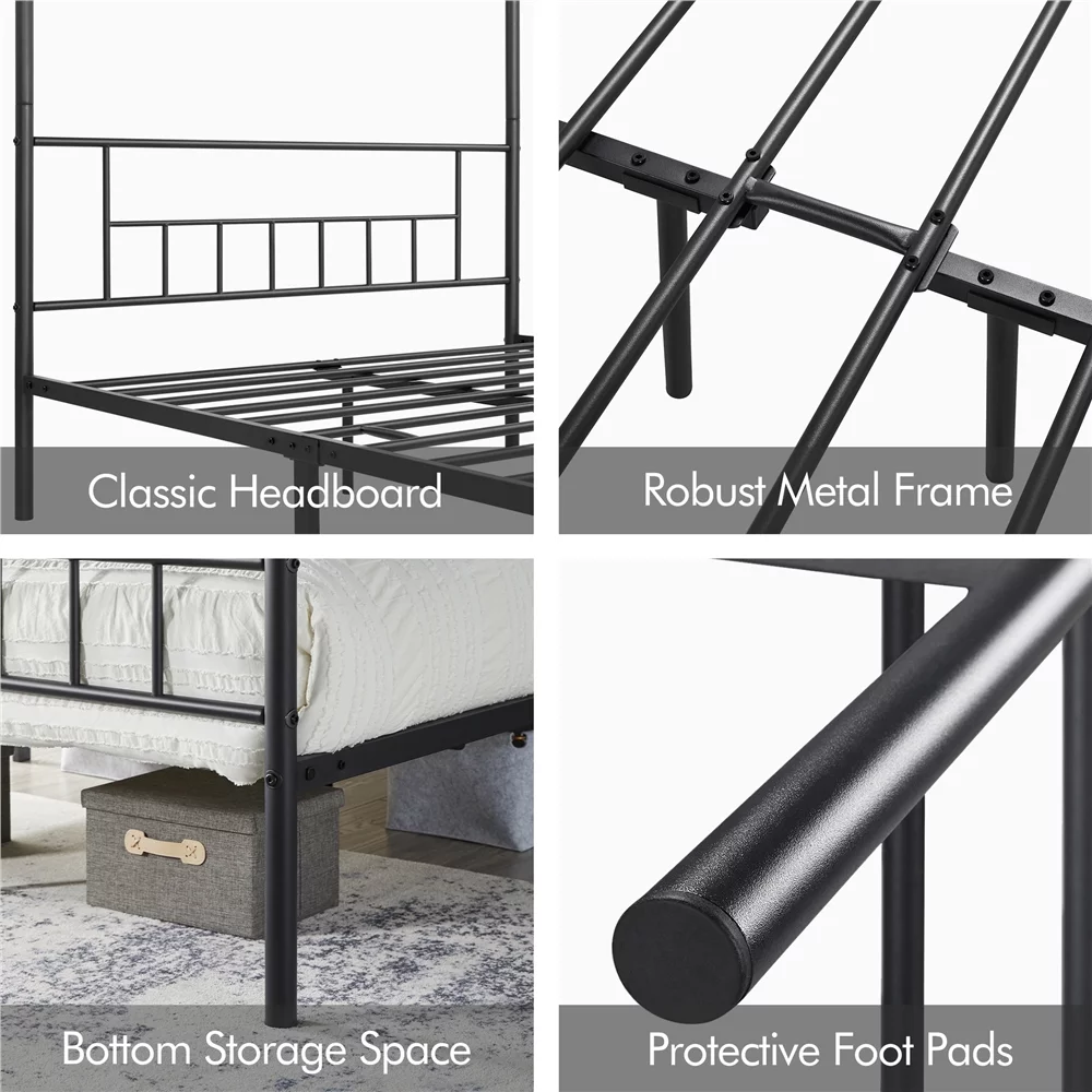 Topeakmart Metal Bed Frame Four-Poster Canopied with Headboard & Footboard, Queen, Black - Inhomebuy