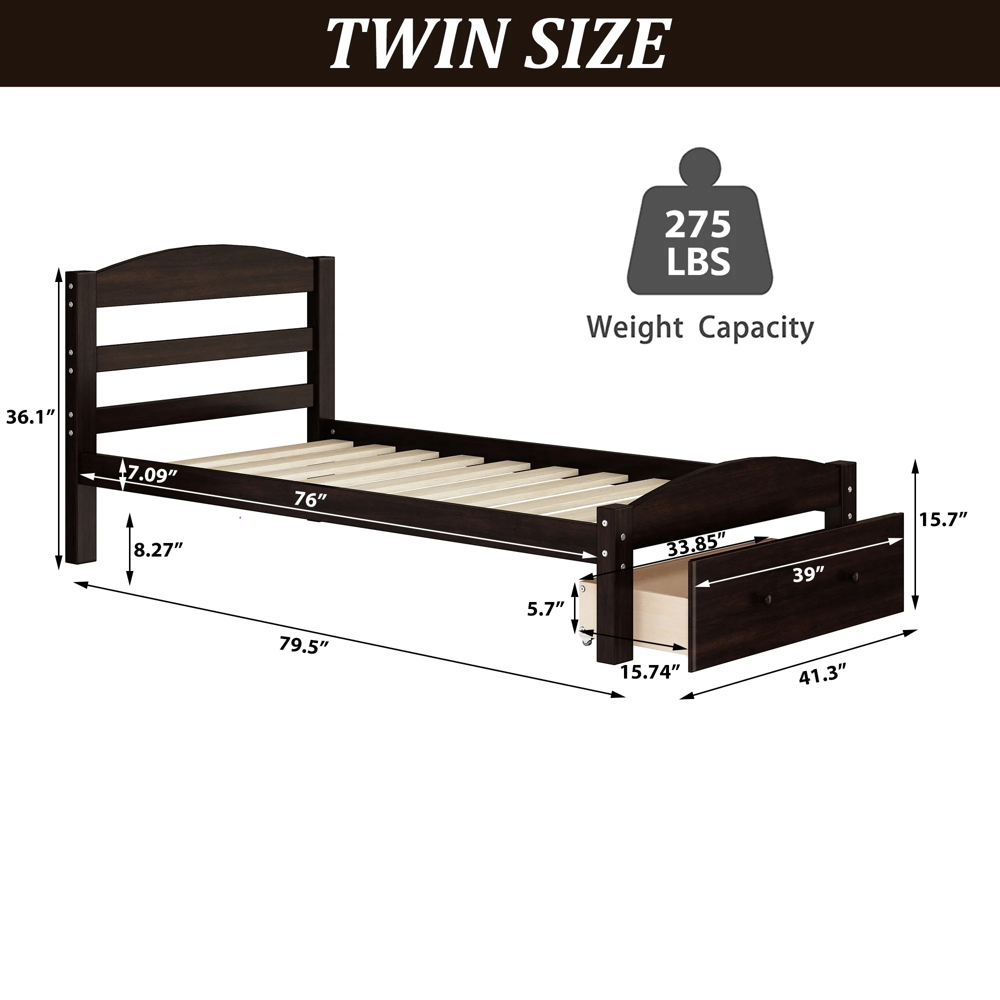 Twin Bed for Kids with Storage Drawer, Upgrade Pine Wood Bed Frame with Headboard and Footboard, Modern Kids Bed Furniture for Bedroom, Holds 275 lb, No Box Spring Needed, White - Inhomebuy