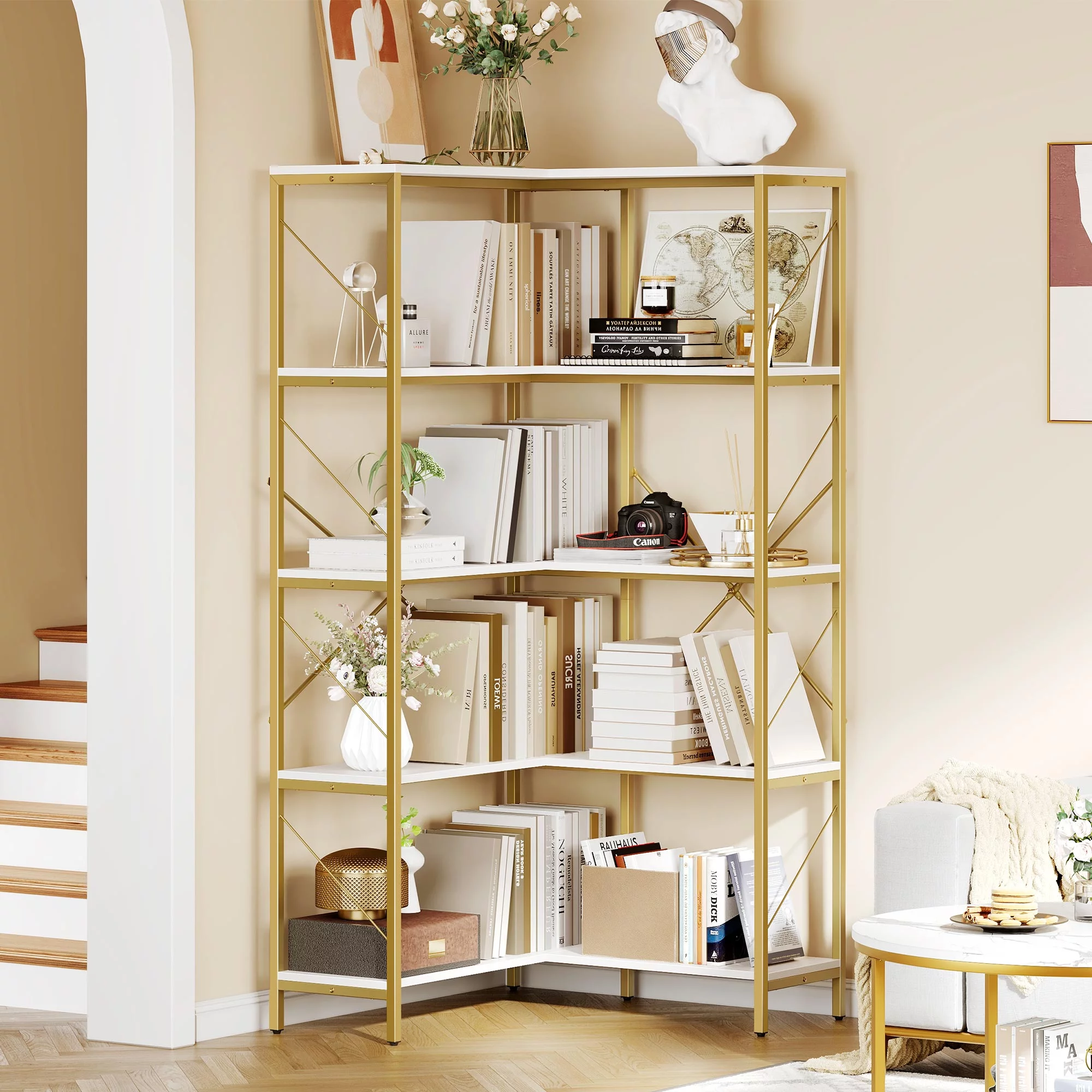 5-Tier L-Shaped Bookcase Storage Organizer, Tall Corner Bookshelf Open Display Freestanding Storage,Dark Gray - Inhomebuy