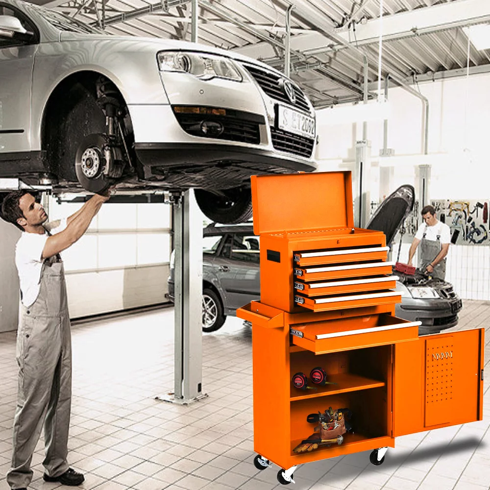 5-Drawer Big Rolling Tool Chest,Tool Storage Cabinet with Lockable Drawers, Mobile Steel Toolbox for Workshop and Mechanics Garage (Orange) - Inhomebuy