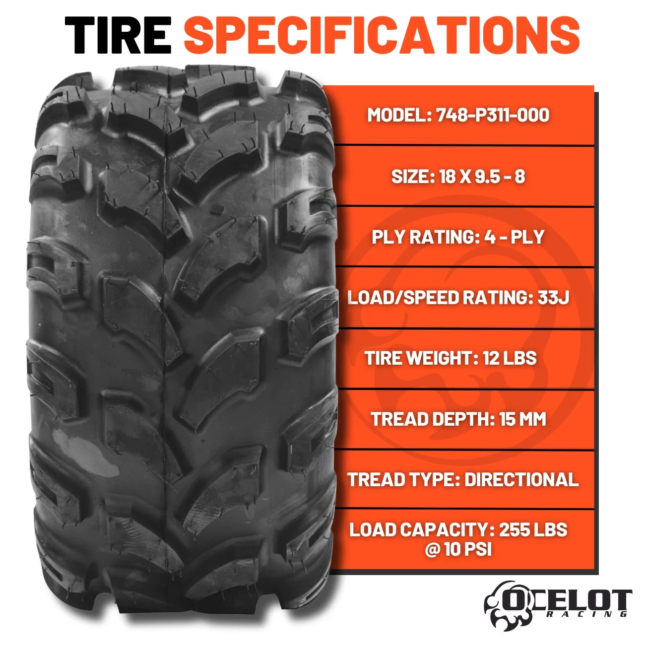 Ocelot Sport Quad ATV /UTV Tire All Terrain Bounty Hunter of fun 18x9.5-8 P311 - Inhomebuy