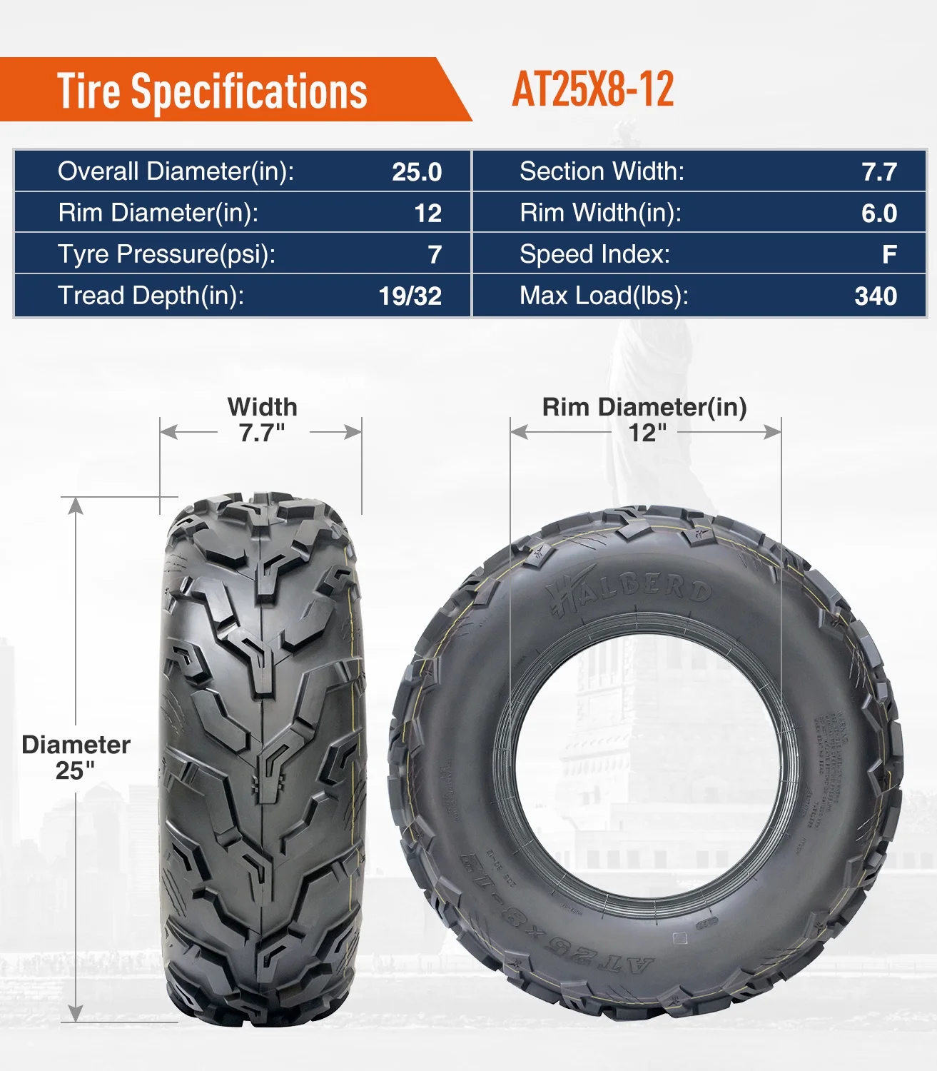 HALBERD 6PLY 25X8-12 SXS  ATV UTV Tires  25x8x12 All Terrain Off-Road Heavy Duty Tires Set of 2 - Inhomebuy