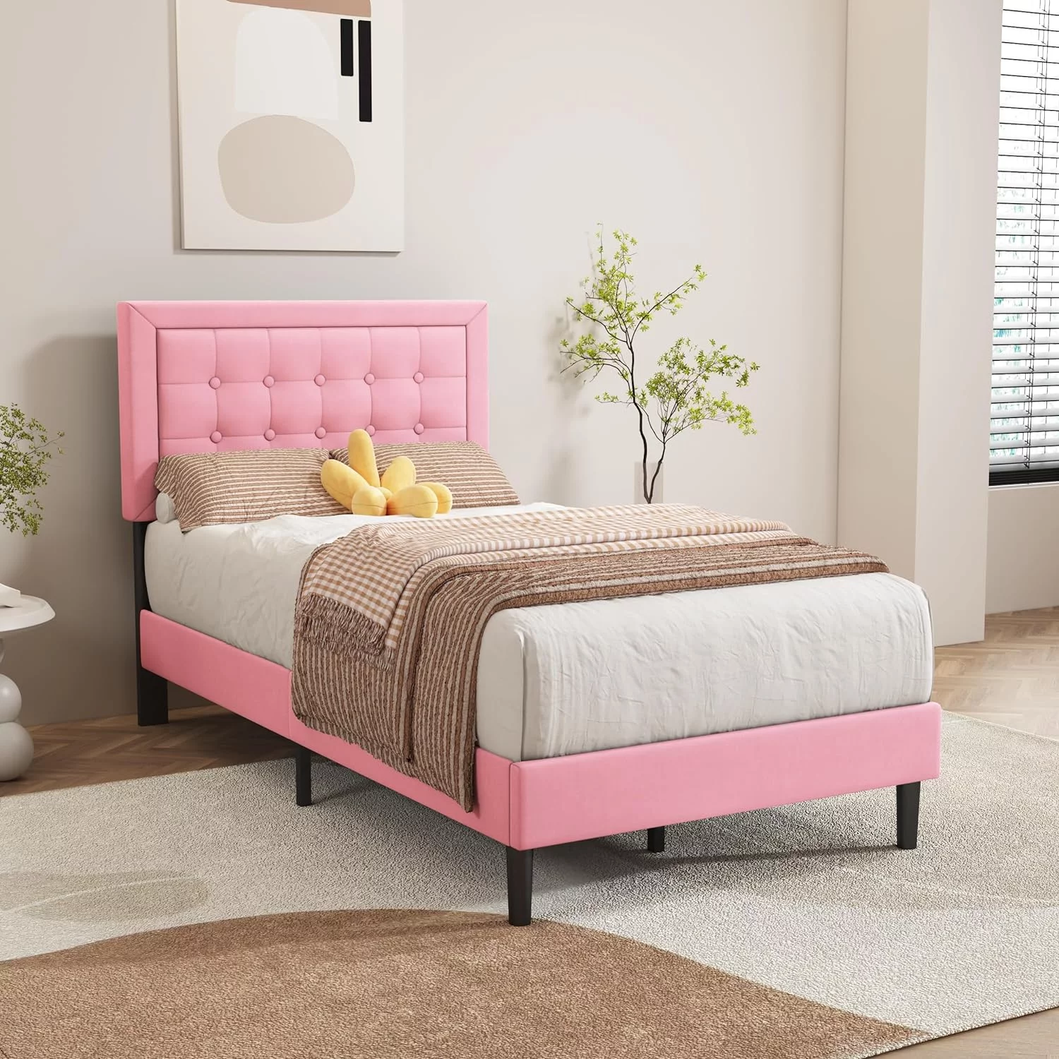 alazyhome Velvet Upholstered Platform Bed Frame Twin Size with Button Tufting Headboard , Easy Assembly, Pink - Inhomebuy