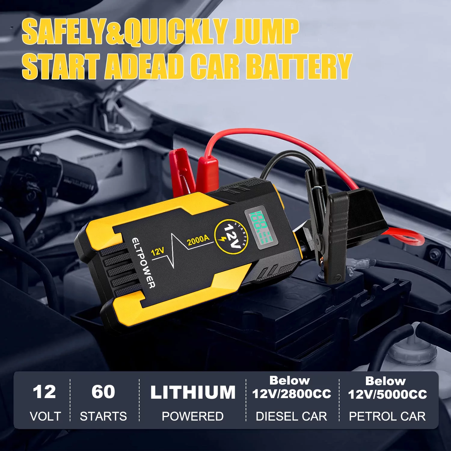 ELTPOWER 20000mAh Car Battery Jump Starter for Up to 9L Gas 7L Diesel, 2000A Peak Auto Car Jump Starter with LED and USB Quick Charge 3.0 - Inhomebuy