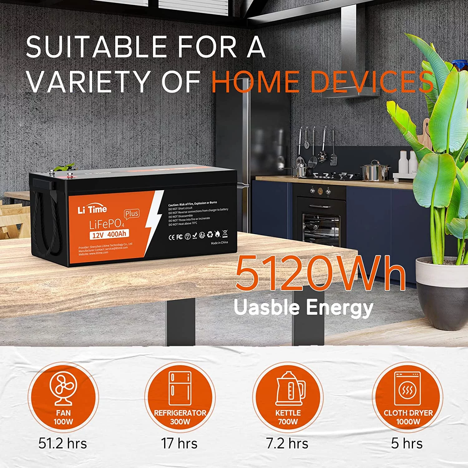 LiTime 12V 400Ah Lithium Battery, 3200W Max. Load Power LiFePO4 Battery with 250A BMS, 5120Wh Usable Energy for RV, Home Solar System - Inhomebuy