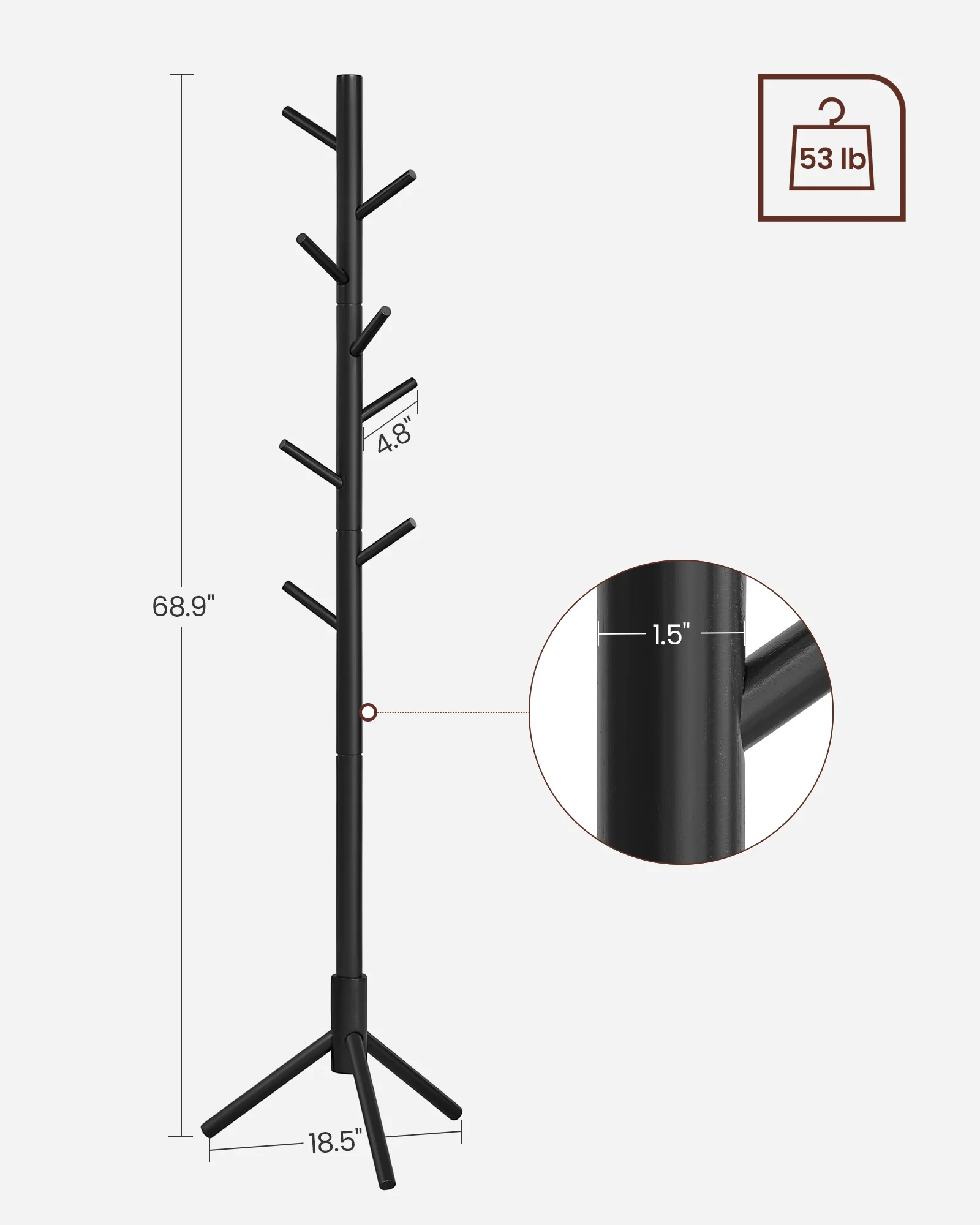 VASAGLE Coat Rack Solid Wood Free Standing Coat Rack Tree-Shaped Coat Rack with 8 Hooks for Clothes Hats Bags for Living Room Bedroom Dark Walnut - Inhomebuy