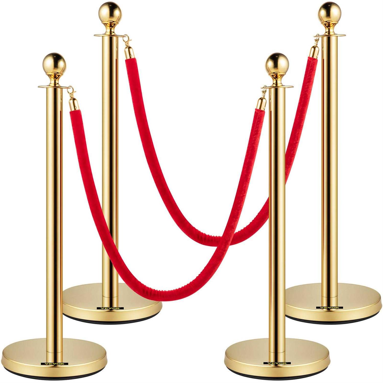 VEVOR Velvet Ropes and Posts 5 ft. Red Rope Stainless Steel Gold Stanchion with Ball Top Crowd Control Barrier - Inhomebuy