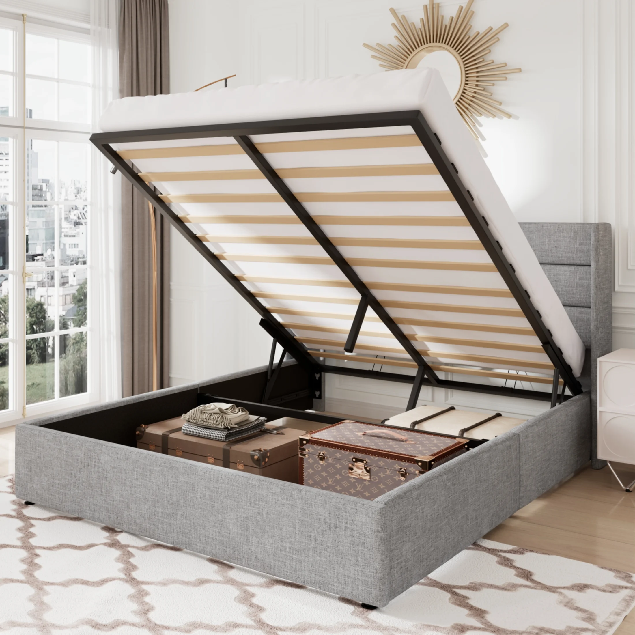 Allewie Queen Size Lift Up Platform Storage Bed Frame with Pannel Wingback Headboard, Light Beige - Inhomebuy