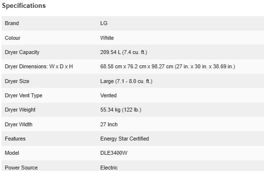 LG WHITE 7.4 CU. FT. ULTRA LARGE CAPACITY ELECTRIC DRYER - DLE3400W - Inhomebuy