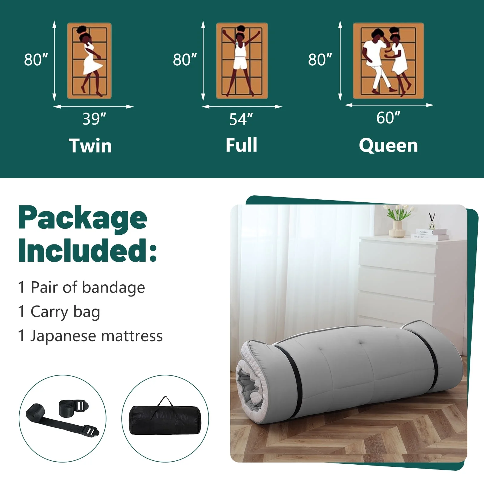 ABORON Japanese Floor Mattress, Upgraded Reversible Winter Futon Mattress Foam Mattress, 4