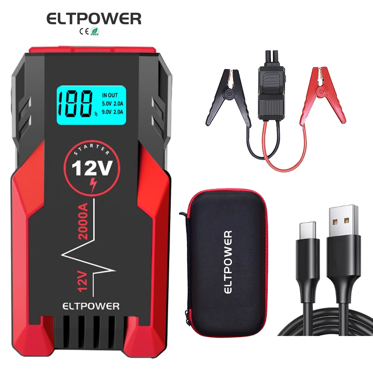 ELTPOWER 20000mAh Car Battery Jump Starter for Up to 9L Gas 7L Diesel, 2000A Peak Auto Car Jump Starter with LED and USB Quick Charge 3.0 - Inhomebuy
