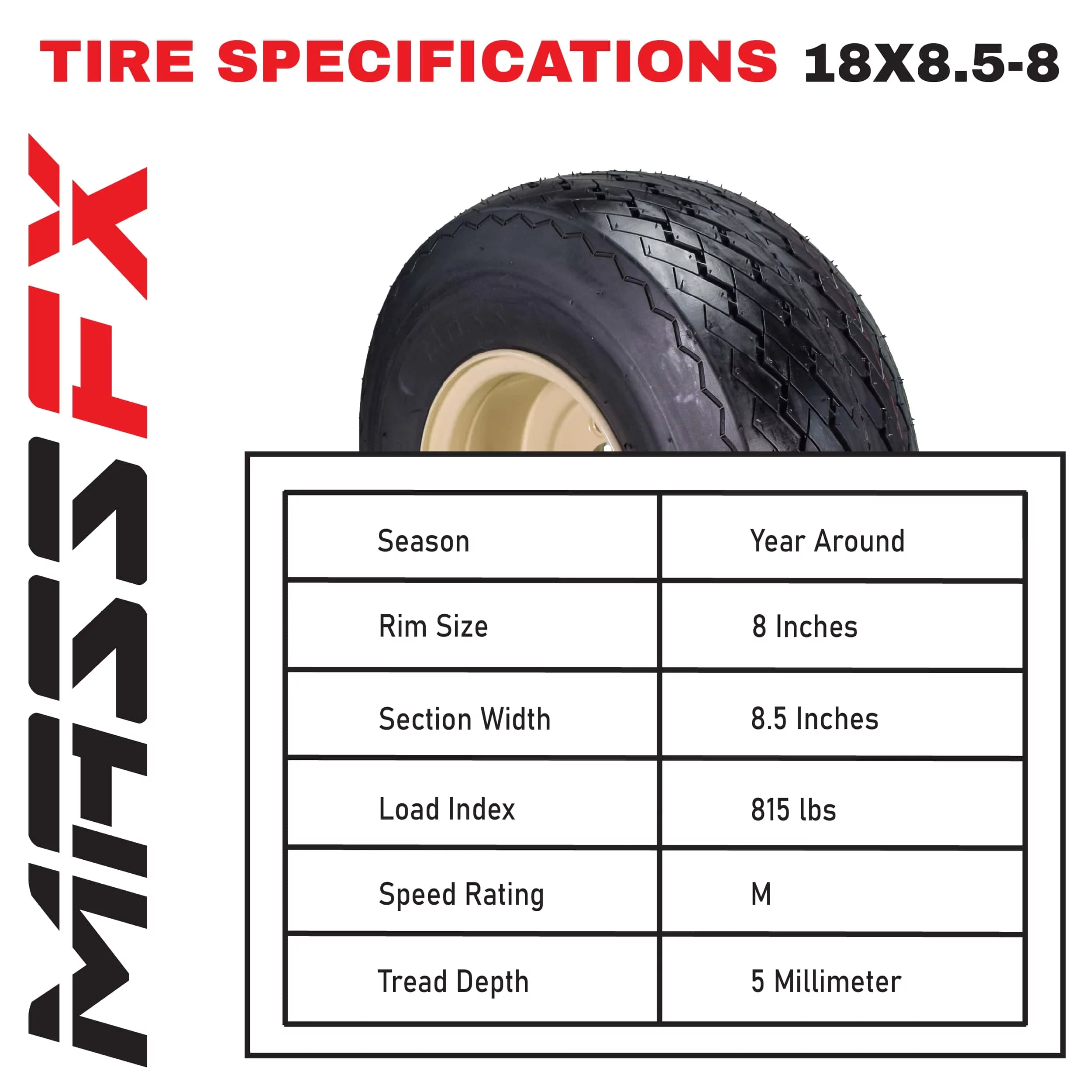 MASSFX 18x8.5-8 Golf Cart, Turf, Lawn & Garden Tire 4 Ply & 4/4 Matt Black Wheel Assembled Kit 18x8.5x8 - Inhomebuy