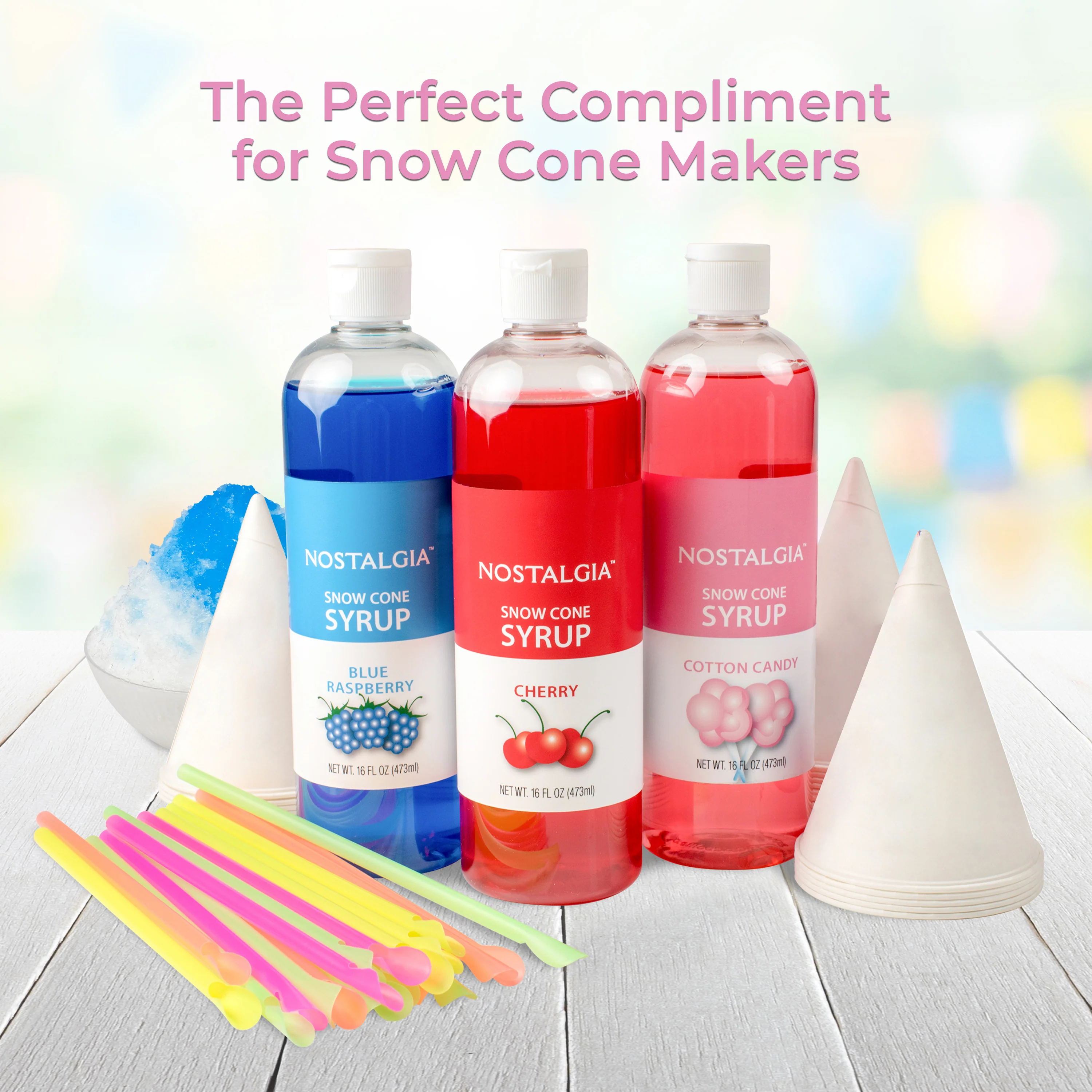 Premium 16-Ounce Snow Cone Syrups, Cups and Spoon-Straws Party Kit - Inhomebuy