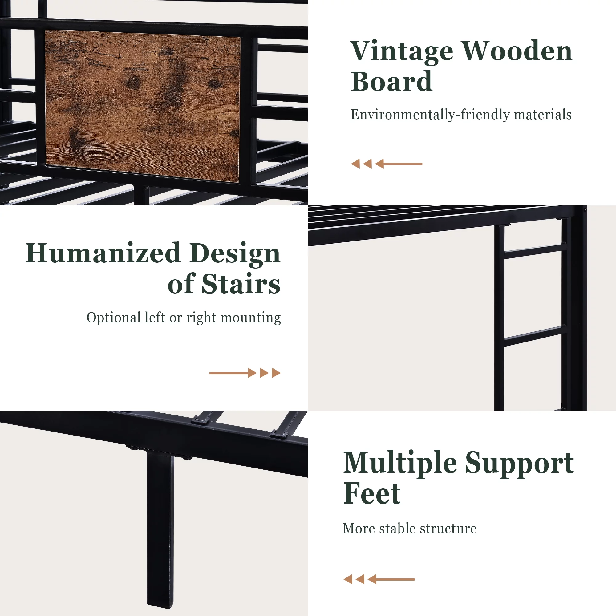 Amolife Metal Twin Over Twin Size Bunk Bed Frame with Stairs & Full-Length Guardrail, Black - Inhomebuy