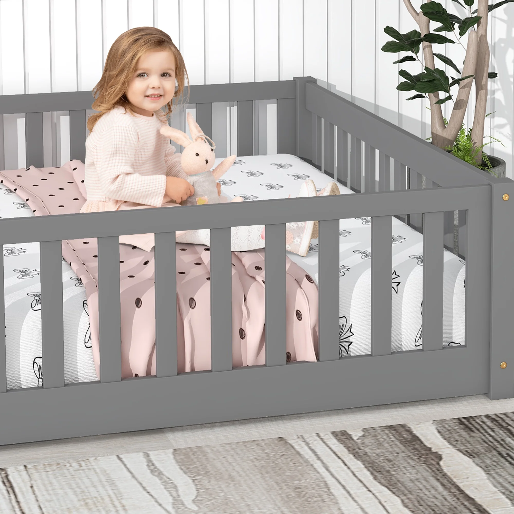 uhomepro Kids Toddler Bed with Fence and Door, Full Size Platform Bed Floor Bed, Wood Bed Frame No Box Spring Needed, Gray - Inhomebuy