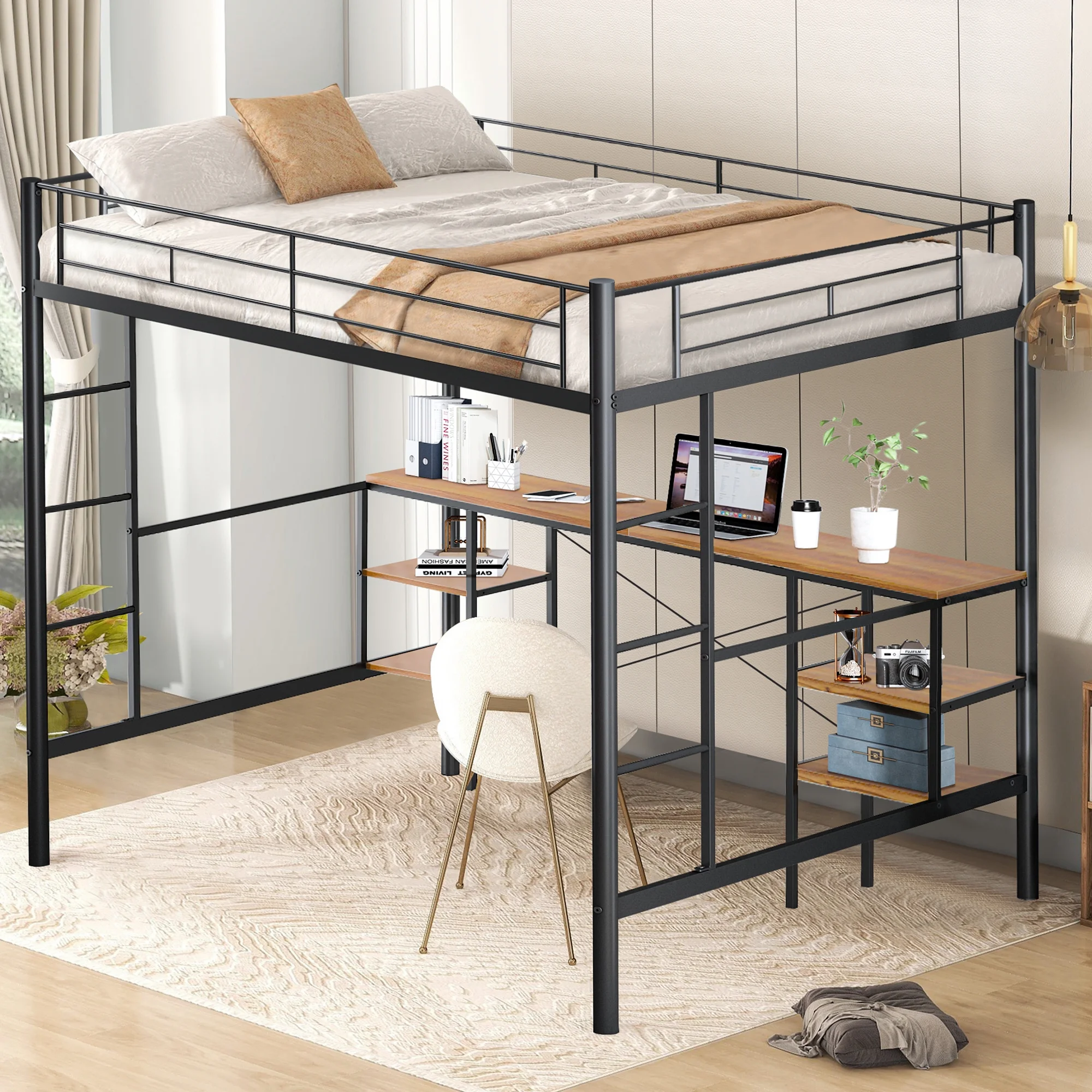 SYNGAR Twin Loft Bed with Desk, Metal Loft Bed with 4 Storage Shelves, Space-Saving Bed Frame with Bilateral Ladders and Safety Guard Rails for Boys Girls Kids Teens Adults, Black - Inhomebuy