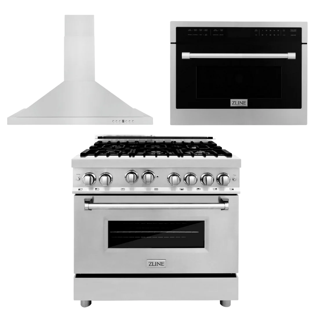 ZLINE Appliance Package - 36 in. Gas Range, Range Hood, Microwave Oven, 3KP-RGRHC36-DWV - Inhomebuy